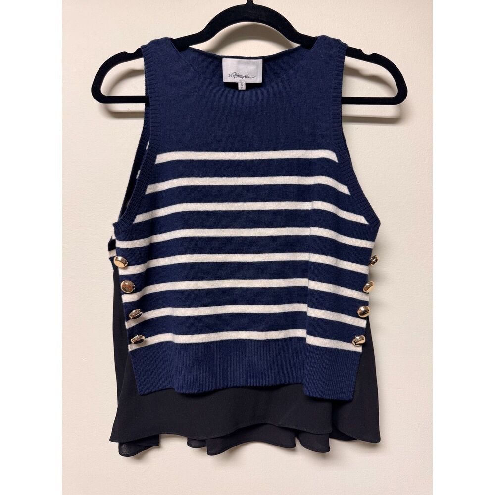 3:1 PHILLIP LIM Merino Wool/Silk Sleeveless Layered Sweater, Navy/Wht/Blk, Sz S